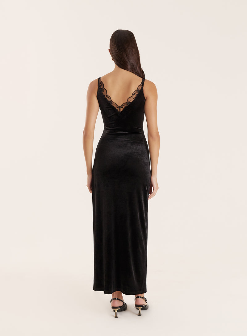 Black Velvet Lace Trim Midaxi Dress