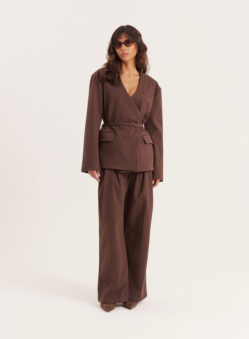 Chocolate Herringbone Tie-Waist Wrap Jacket- Luca