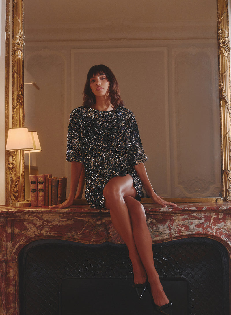 Black Sequin Bow Tie Back Mini Dress- Elodie