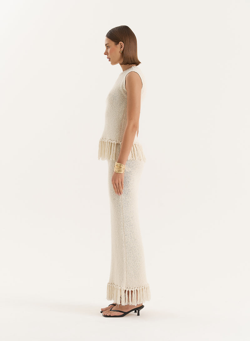 Beige Sleeveless Knitted Tassel Trim Top- Lauryn