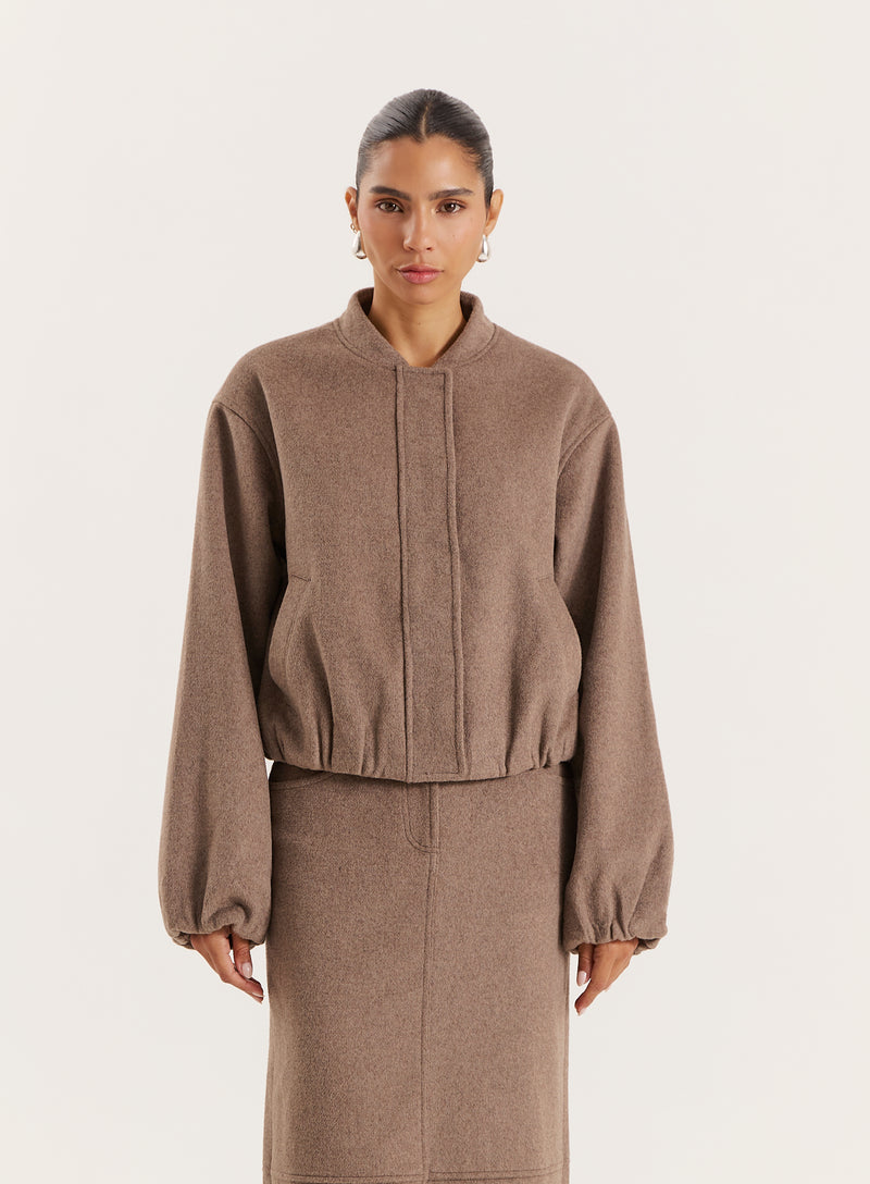 Brown Cropped Wool Effect Bomber