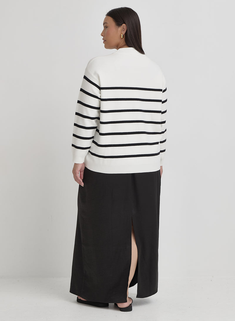 Cream And Navy Curve Stripe Jumper- Myda