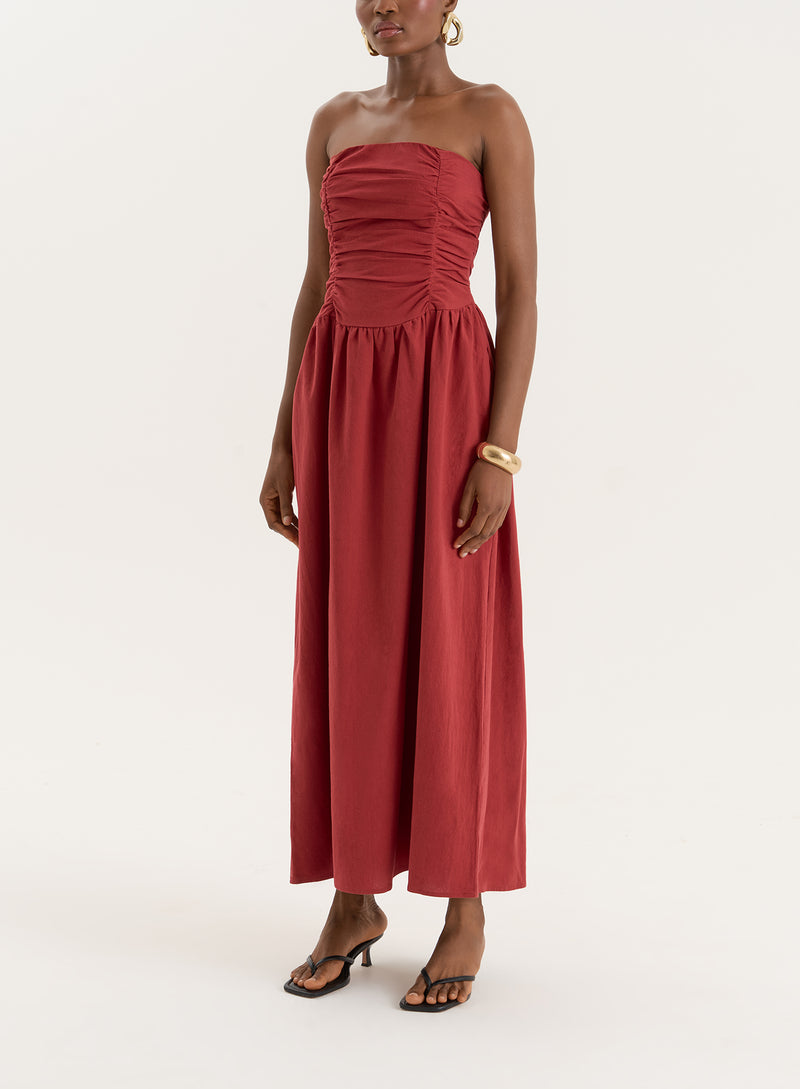 Rust Bandeau Ruched Detail Maxi Dress- Mikayla
