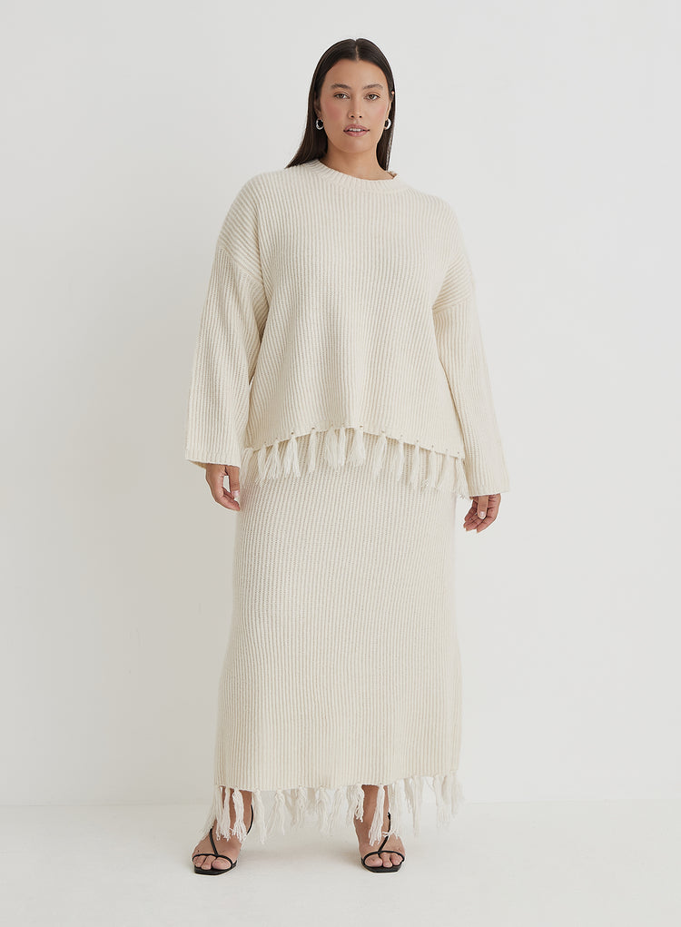 Cream Curve Knit Tassle Trim Maxi Skirt- Fallon