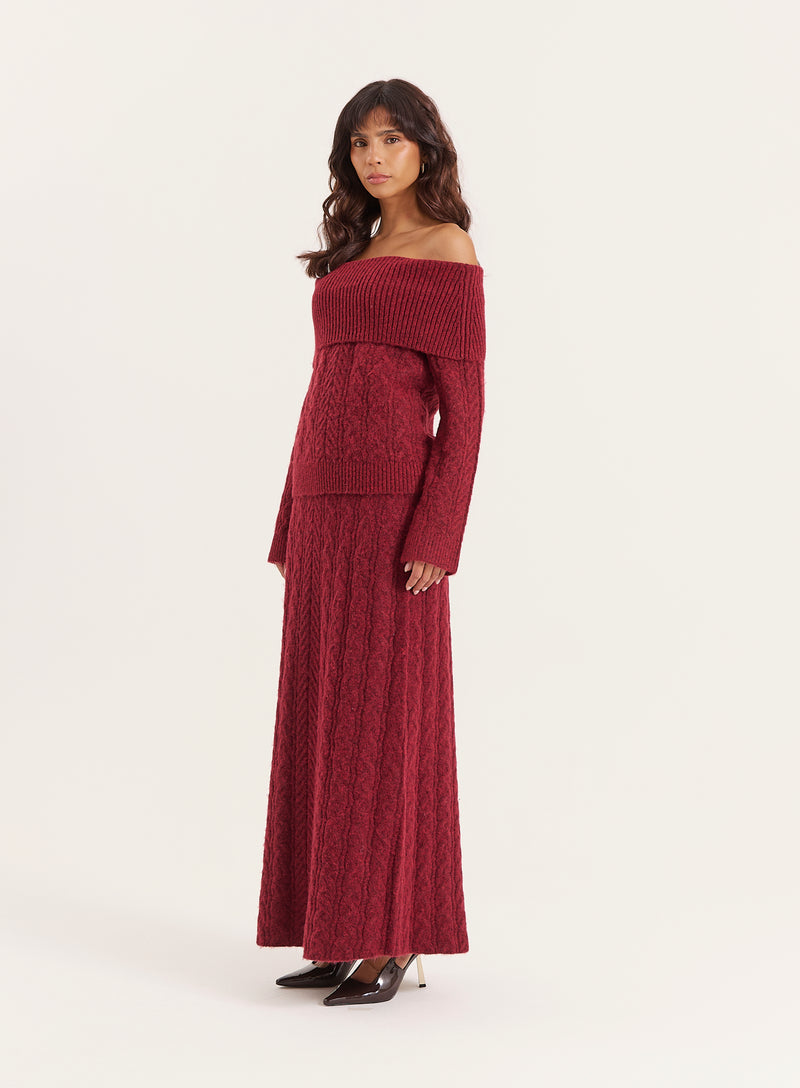 Burgundy Cable Knitted Maxi Skirt- Dalia
