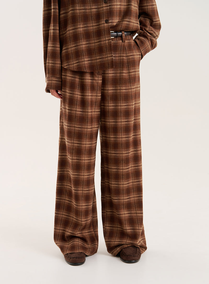 Brown Check Print Straight Leg Trousers - Tove