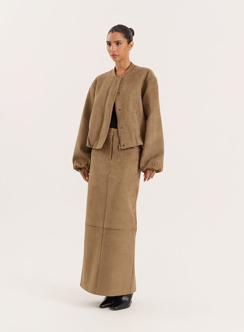 Olive Faux Suede Maxi Skirt- Lorna