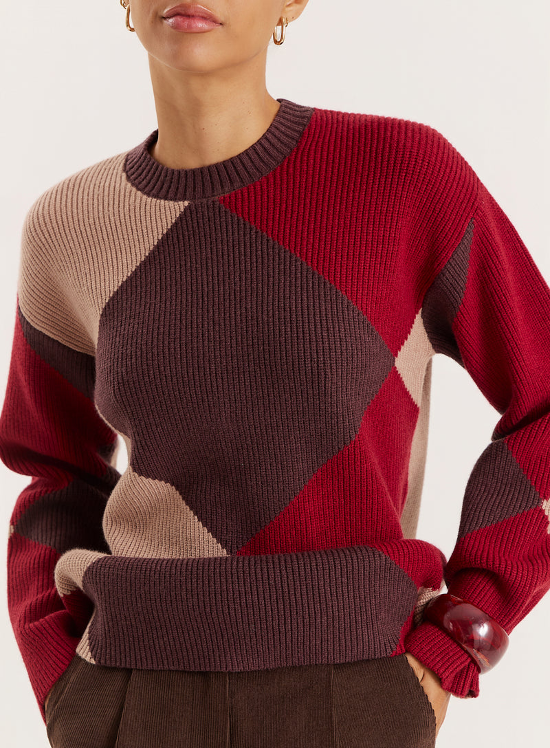 Multi Diamond Knitted Jumper With Scarf- Sara