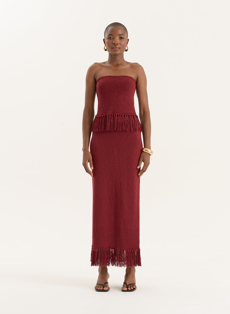 Burgundy Tassel Trim Knitted Maxi Skirt- Gabby