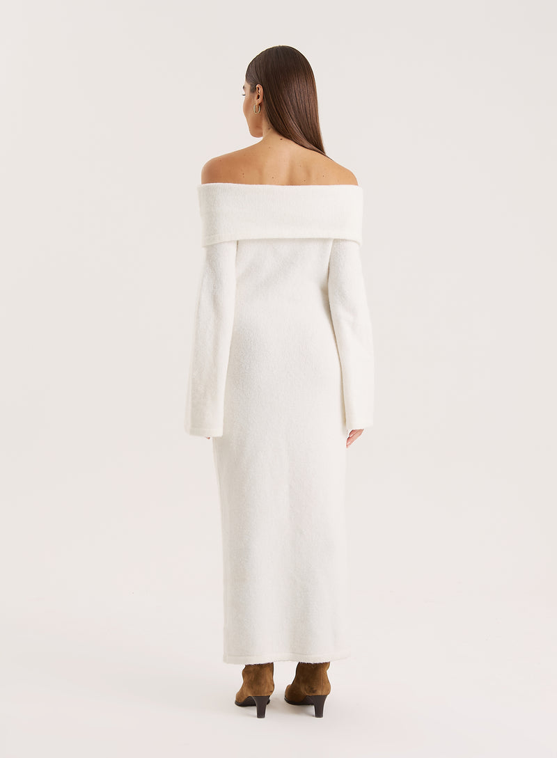 Cream Off Shoulder Knitted Maxi Dress- Sable