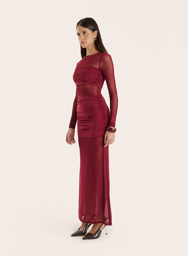 Burgundy Jersey And Mesh Mix Long Sleeved Maxi Dress- Sadie