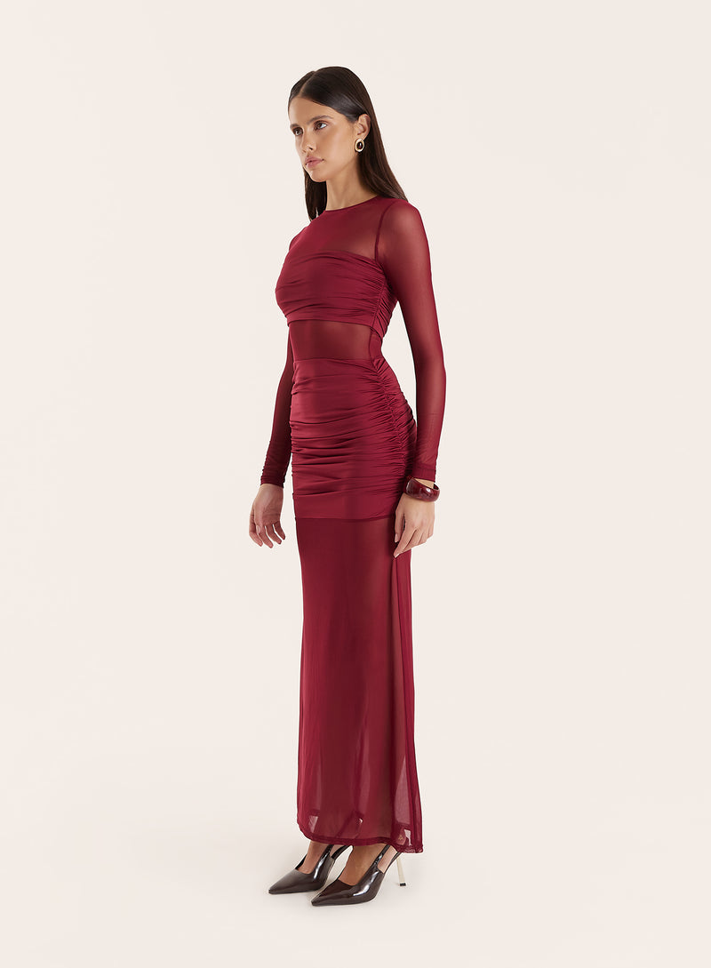 Burgundy Jersey And Mesh Mix Long Sleeved Maxi Dress- Sadie