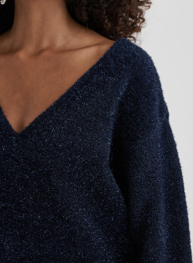 Navy Tinsel Knit V Neck Jumper- Ennis