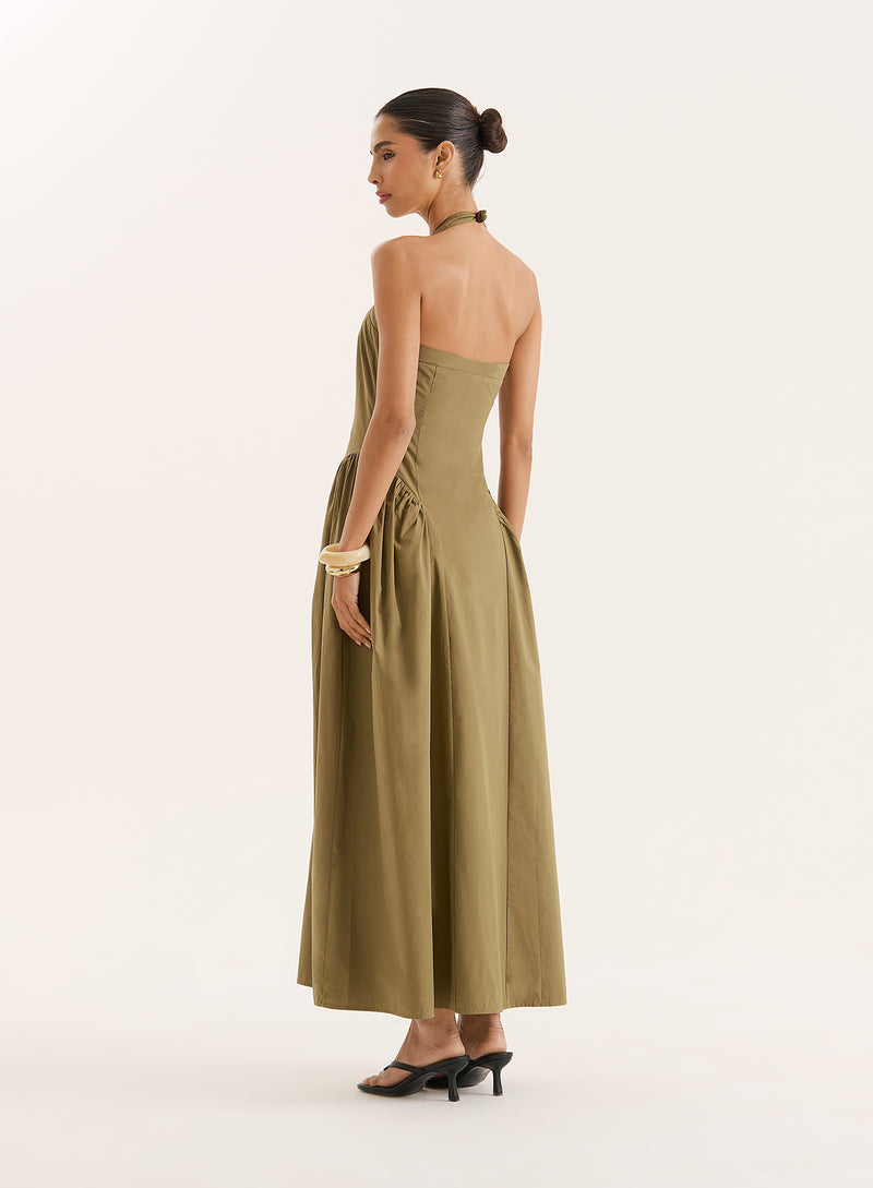 Khaki Halterneck Cotton Maxi Dress- Bonita