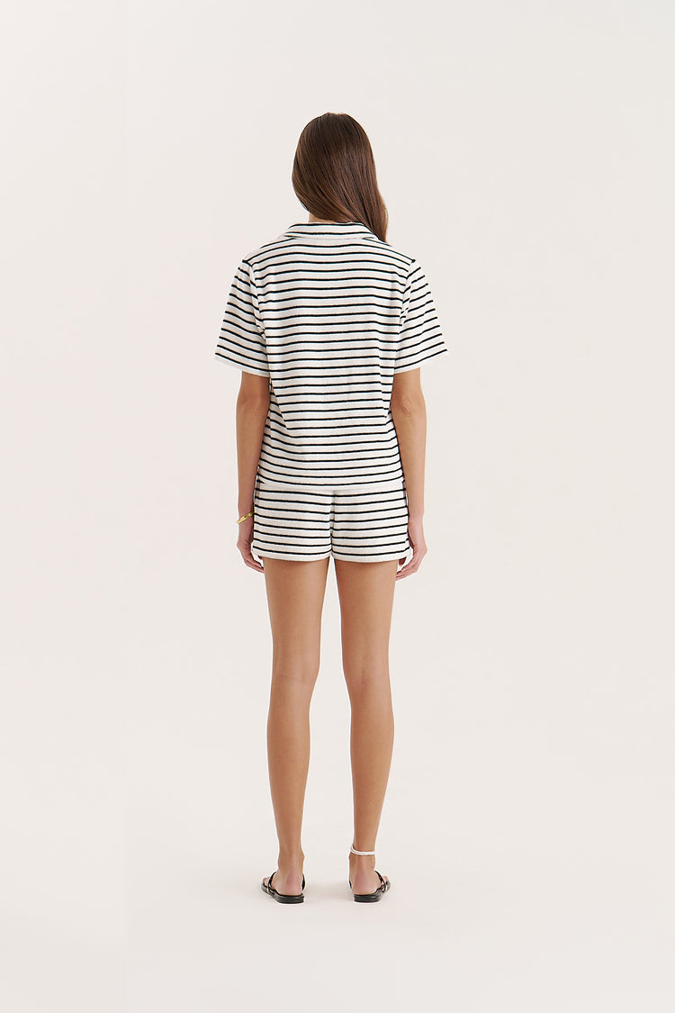 Black And White Stripe Towelling Branded Short- Zita