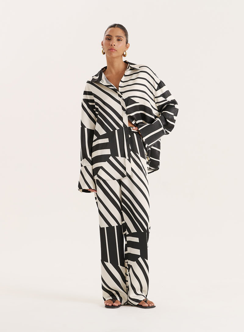 Black And White Abstract Print Satin Trouser- Amira