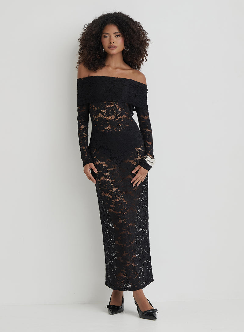 Black Lace Bardot Midaxi Dress- Niam