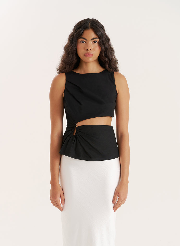 Black Linen Blend Cut Out Hardware Detail Top- Milly