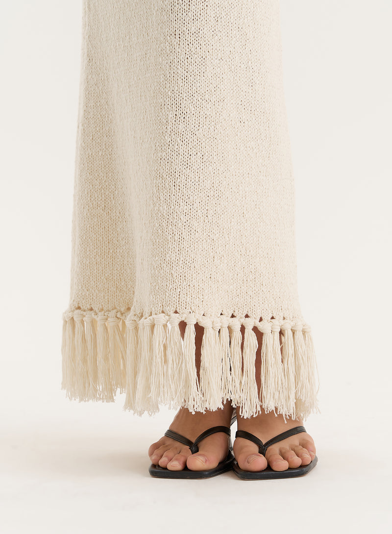 Beige Knitted Tassel Trim Maxi Skirt- Lauryn