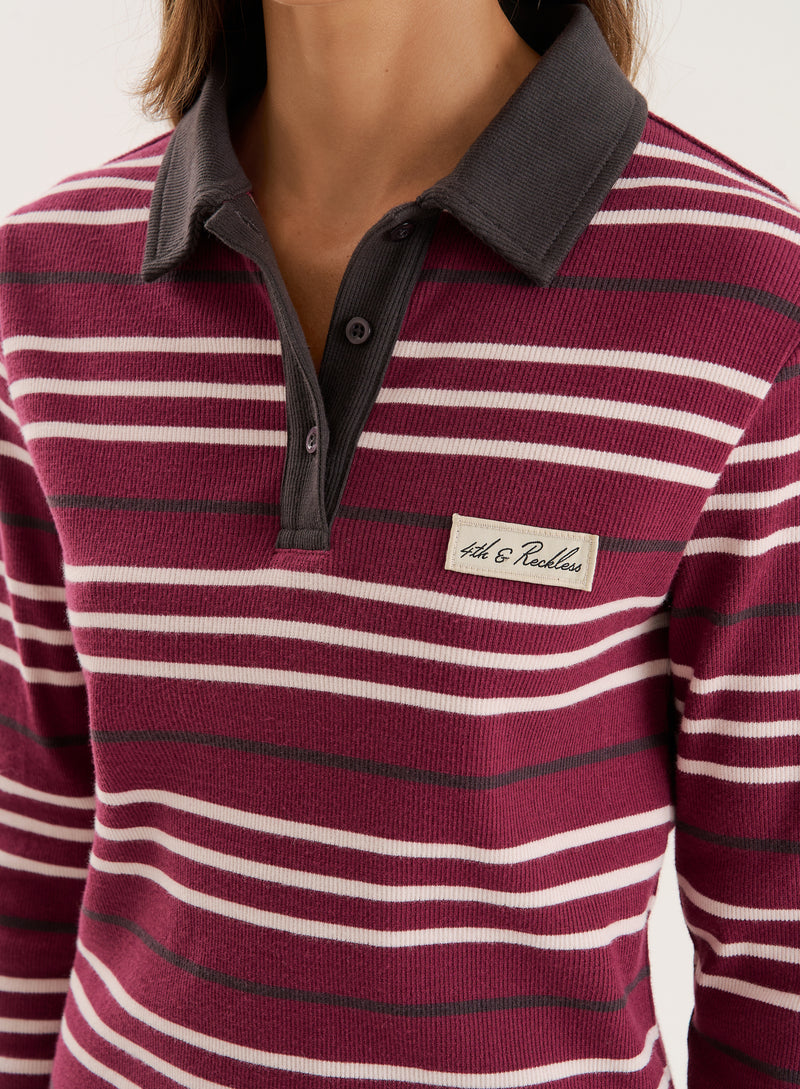 Burgundy Striped Fine Ribbed Jersey Longsleeve Top- Liliana