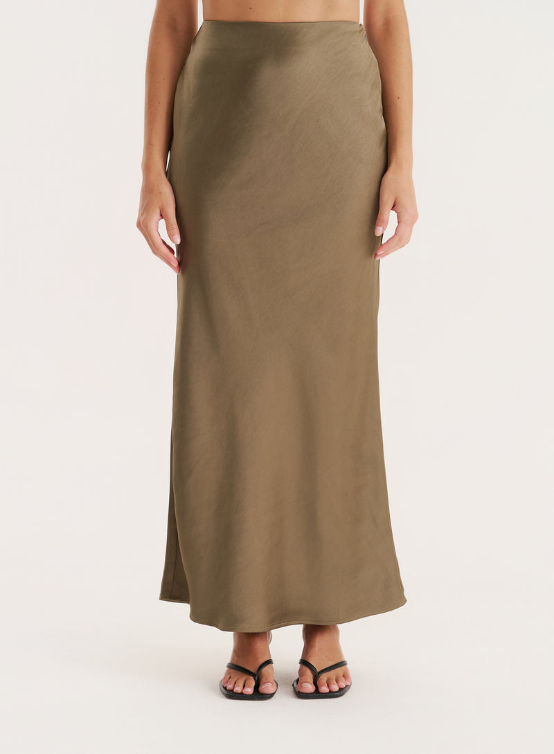 Khaki Satin Maxi Skirt- Novah
