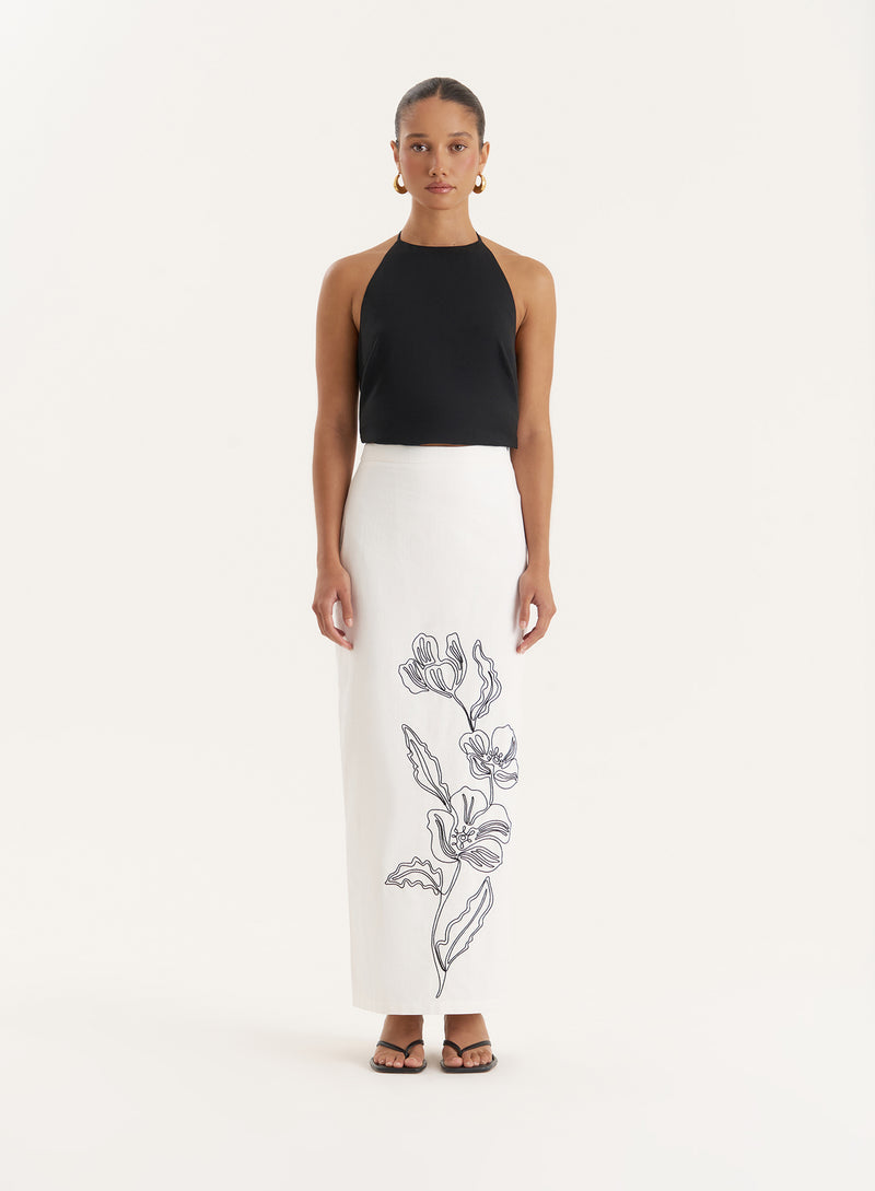 White Floral Embroidered Cotton Skirt- Alondra