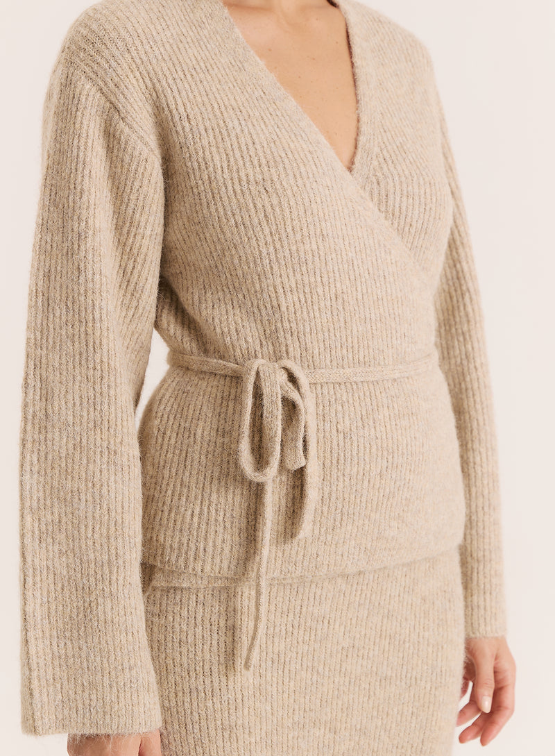 Oatmeal Knitted Tie Front Wrap Top- Adriena