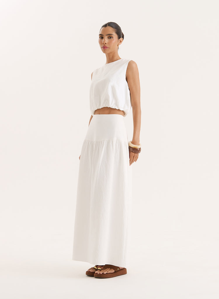White Cotton Drop Waist Maxi Skirt- Selene
