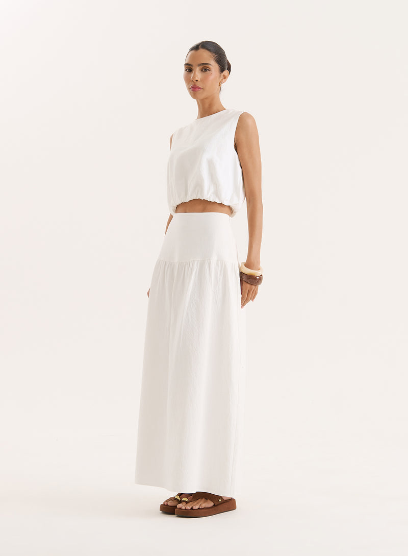 White Cotton Drop Waist Maxi Skirt- Selene