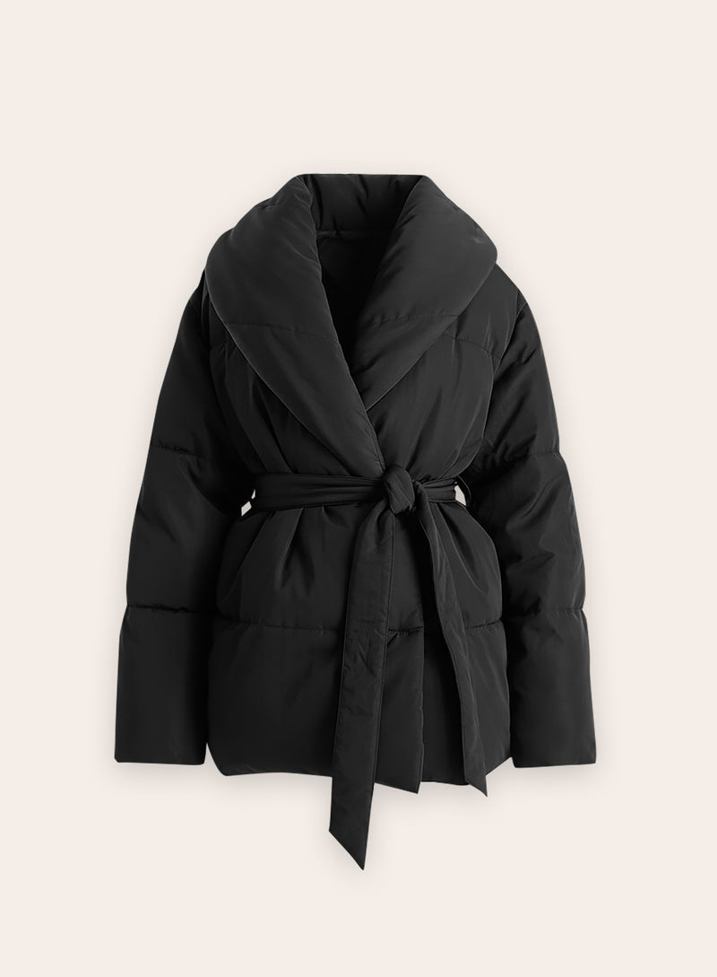 Black Wrap Waist Belted Puffer Coat