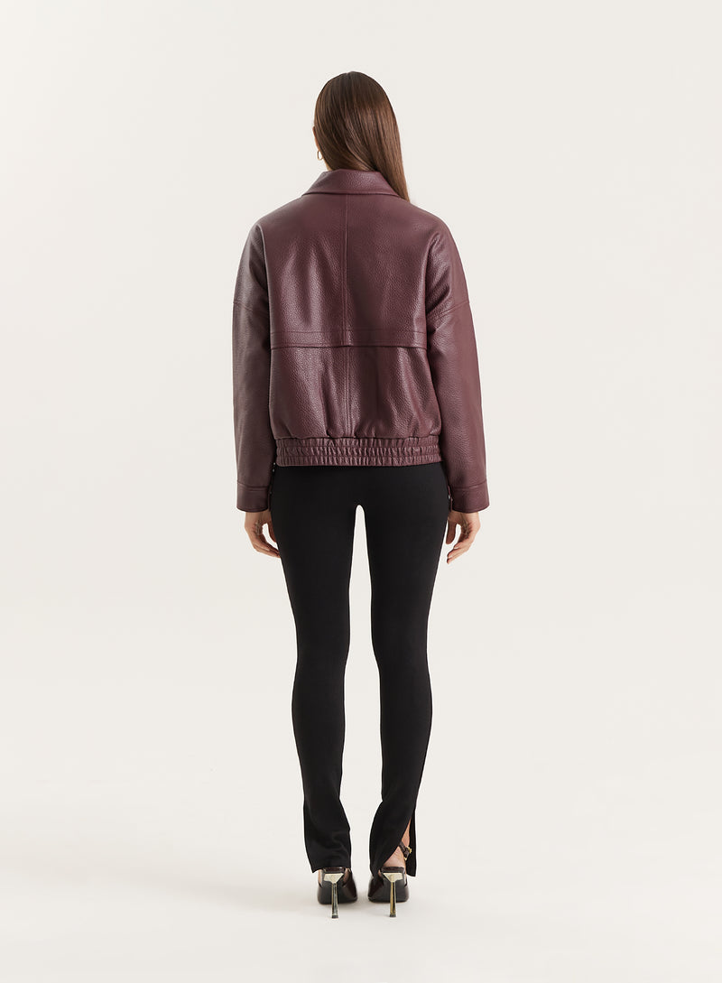 Burgundy Textured Faux Leather Cropped Jacket- Kerry