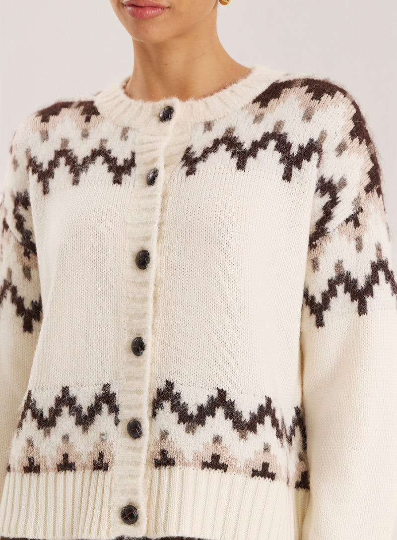 White Knitted Fairisle Button Front Cardigan- Brandon
