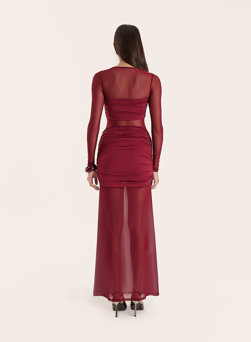 Burgundy Jersey And Mesh Mix Long Sleeved Maxi Dress- Sadie