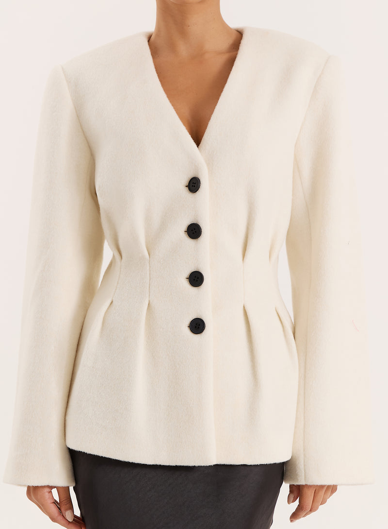 Cream Tailored Cinched Waist Wool Blend Blazer- Tilley