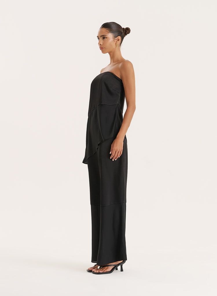 Black Satin And Chiffon Bandeau Asymmetric Top- Marcia