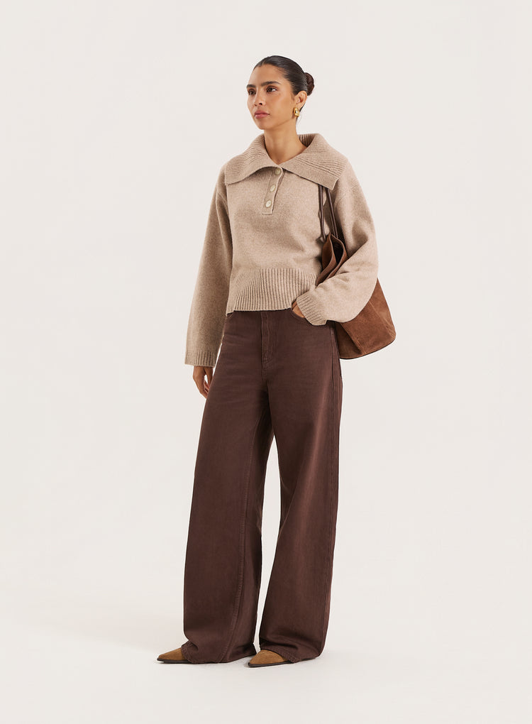 Beige Knitted Buttoned Collar Jumper- Eddie