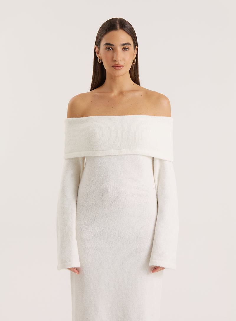 Cream Off Shoulder Knitted Maxi Dress- Sable
