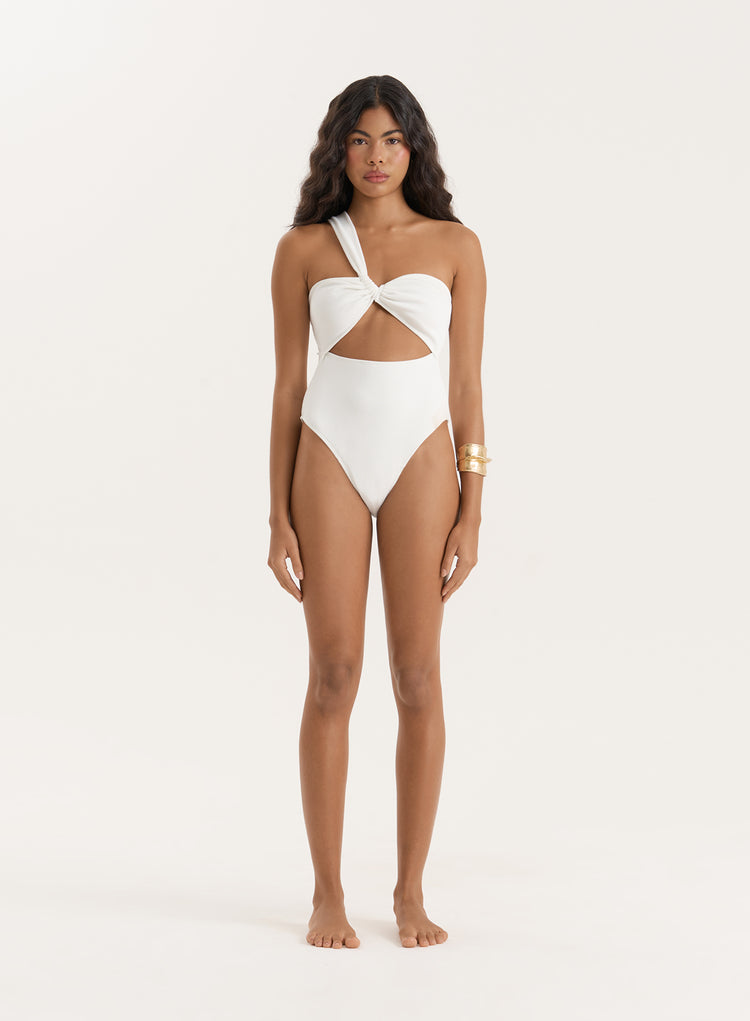 White Twist Front Crinkle Cut Out Swimsuit- Ellison