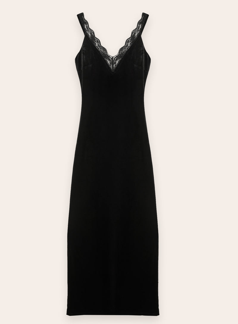 Black Velvet Lace Trim Midaxi Dress