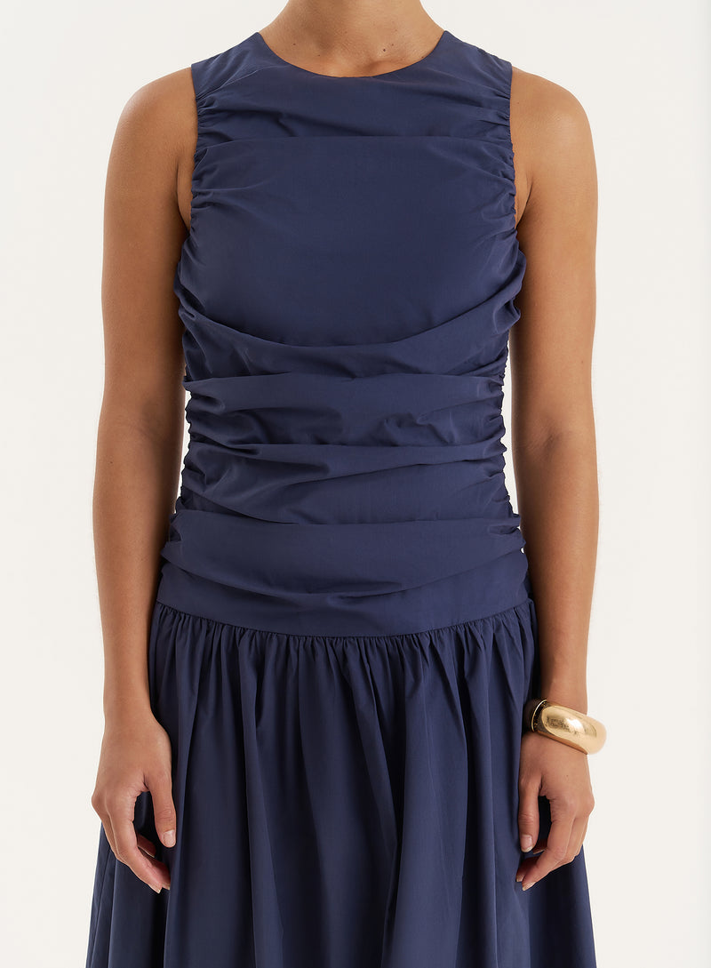 Navy Cotton Poplin Drop Waist Maxi Dress- Zendaya