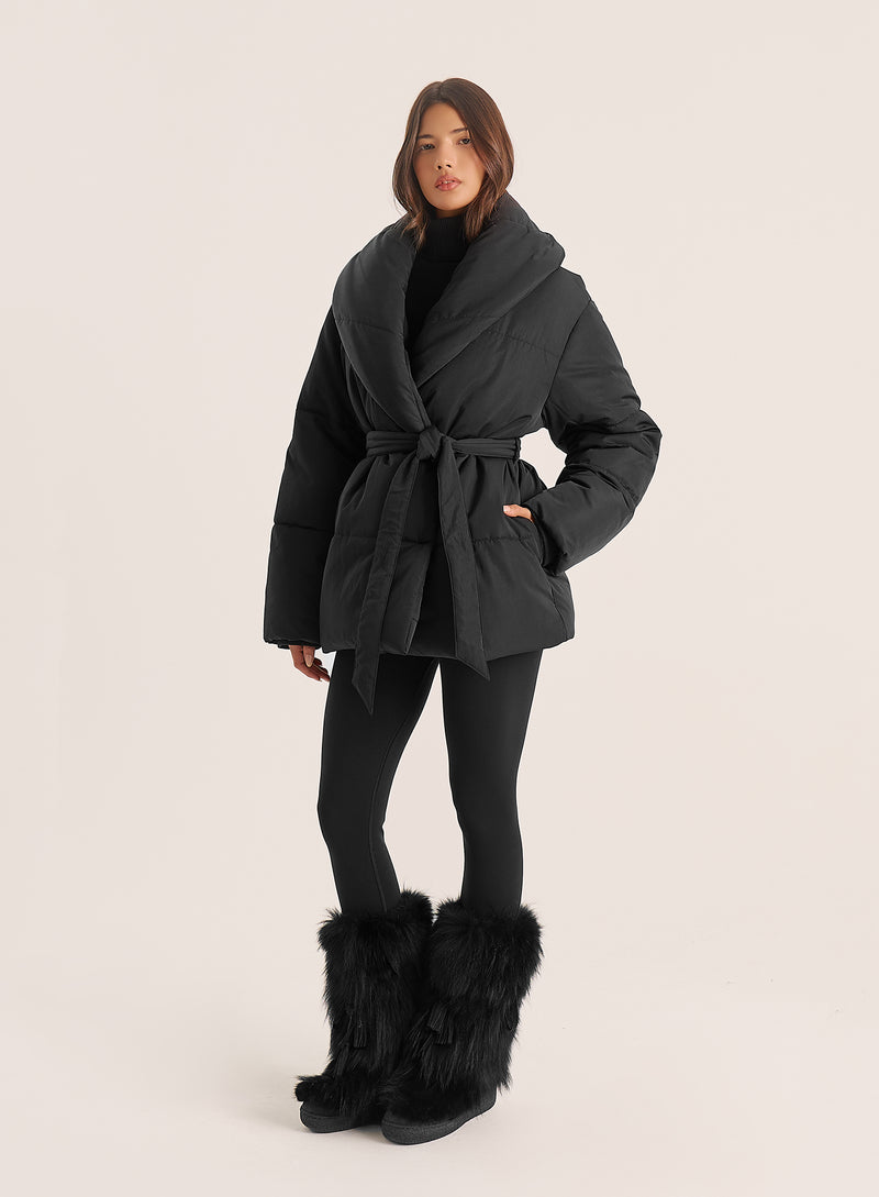 Black Wrap Waist Belted Puffer Coat