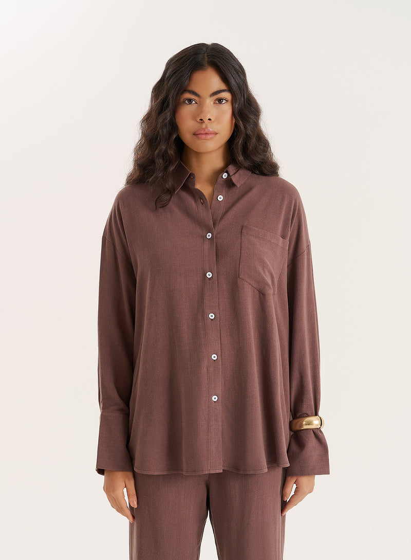 Chocolate Linen Blend Oversized Shirt- Anna