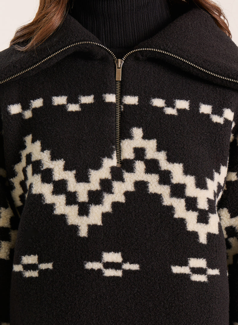 Black Half Zip Oversized Collar Fairisle Jumper