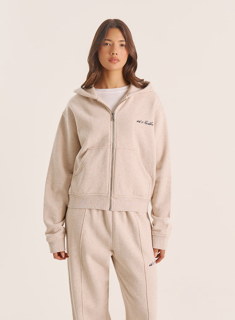 Oatmeal Script Logo Detail Zip Hoodie