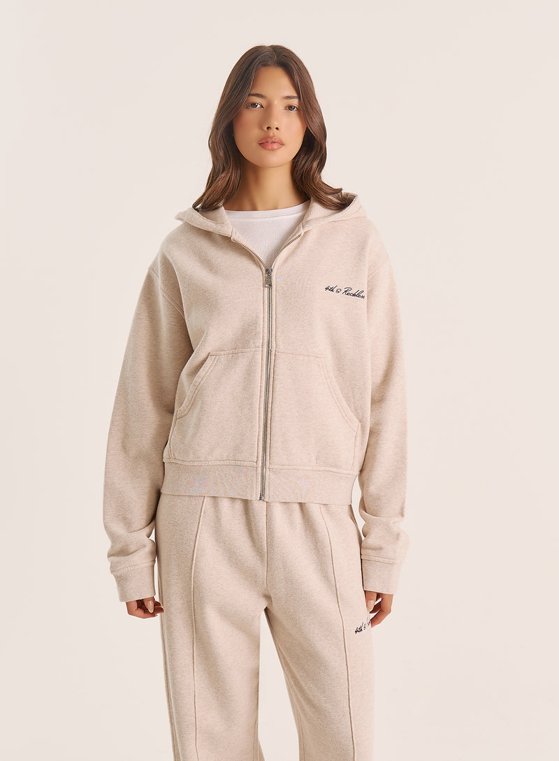 Oatmeal Script Logo Detail Zip Hoodie