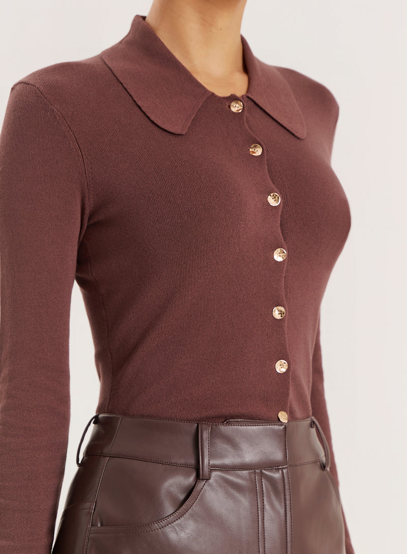 Chocolate Lightweight Knitted Button Down Top- Joely