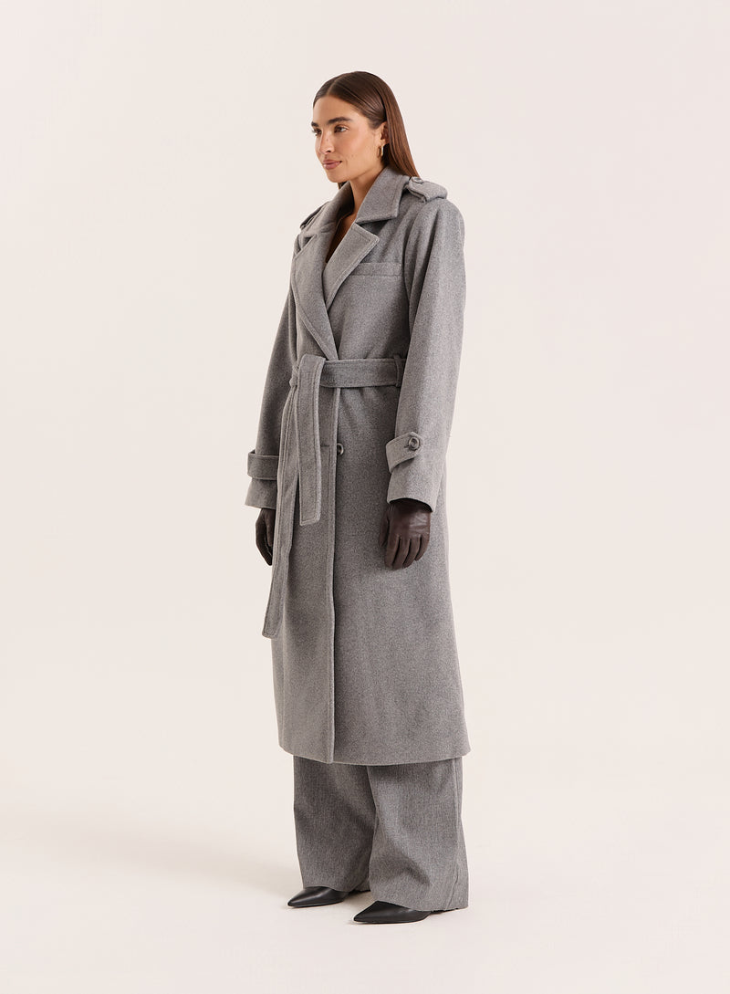 Grey Tailored Belted Longline Coat- Anderson