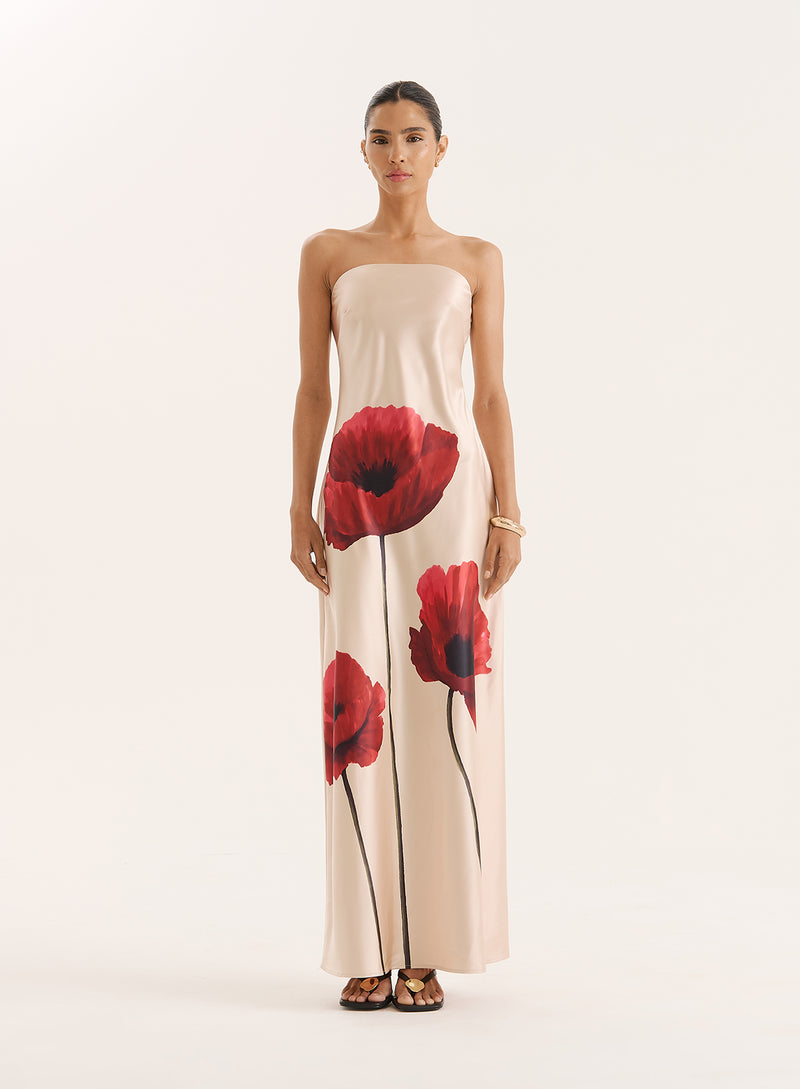 Floral Print Bandeau Satin Maxi Dress- Shona