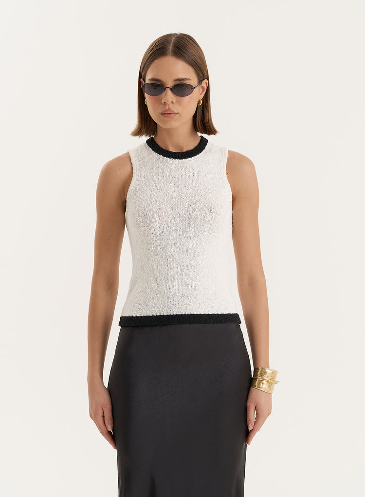 White Knitted Sleeveless Contrast Trim Top- Josie