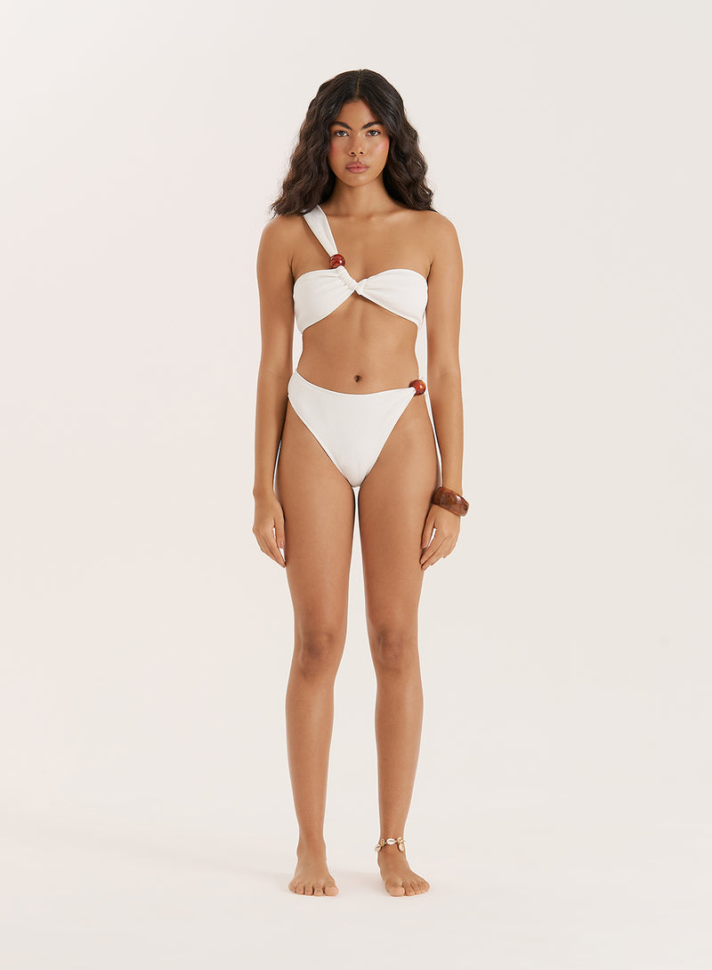 White Crinkle Bead Detail One Shoulder Bikini Top- Paula